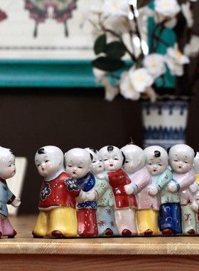 复古做旧中国风陶瓷娃娃摆件创意老鹰抓小鸡客厅桌面装饰品