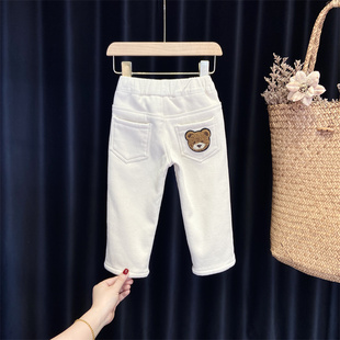 女童白色牛仔裤冬款小童洋派时髦加绒一体绒男童弹力长裤烟管裤潮