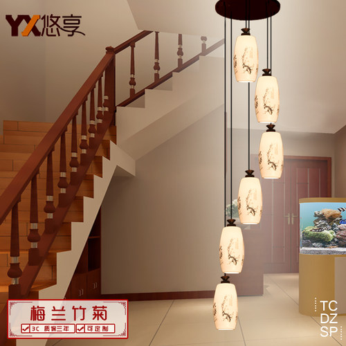 中式简约复式楼梯吊灯现代薄胎瓷别墅客厅楼梯旋转长吊灯梅兰竹菊