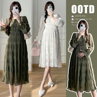 孕妇裙秋季 孕妇装 连衣裙2024新款 设计感压褶雪纺长袖 怀孕裙子 秋装