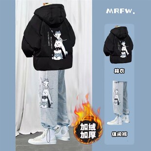 冬装棉服两件套男2023冬季y加绒加厚衣服新款男士棉衣外套印花套
