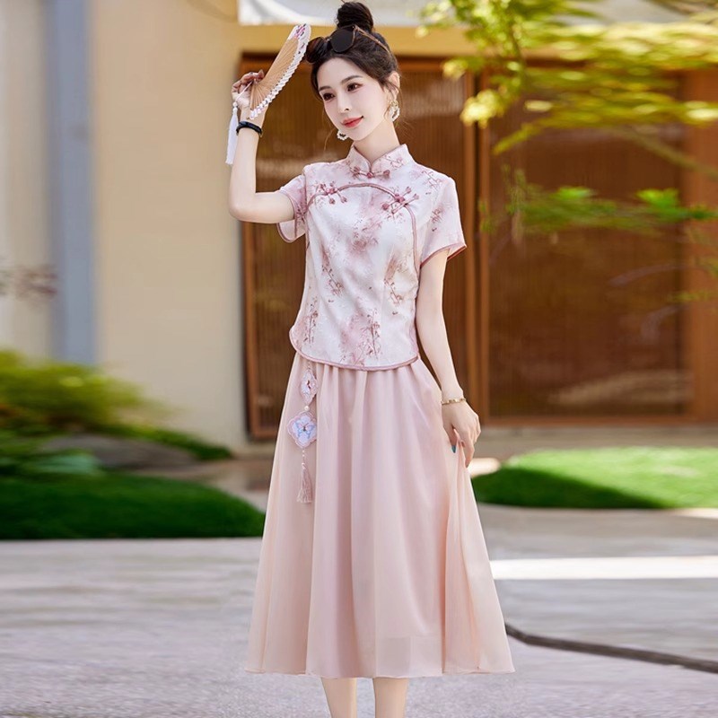 新中式改良旗袍套装连衣裙女2024夏季新款印花汉服禅意.两件套裙