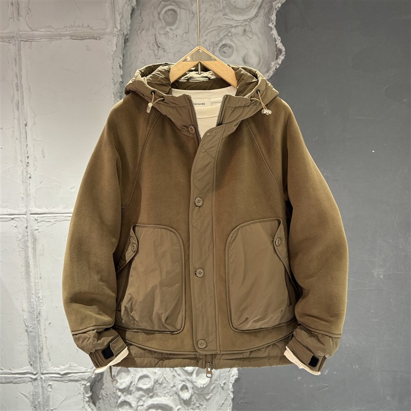 冬季连帽摇粒绒抓绒外套男百x搭潮流拼接工装加厚保暖二棉服上衣