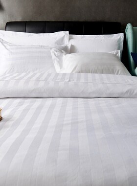 宾馆床上用品酒店床单白色纯棉床笠加厚缎条布草美U容条纹被单单