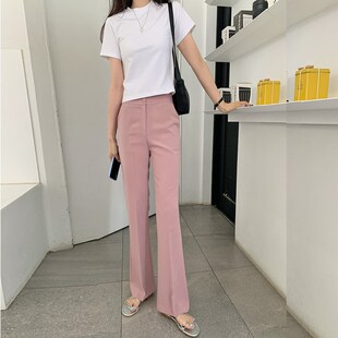半半韩版休闲高腰垂感粉色修身微喇E叭裤显瘦减龄通勤气质长裤女