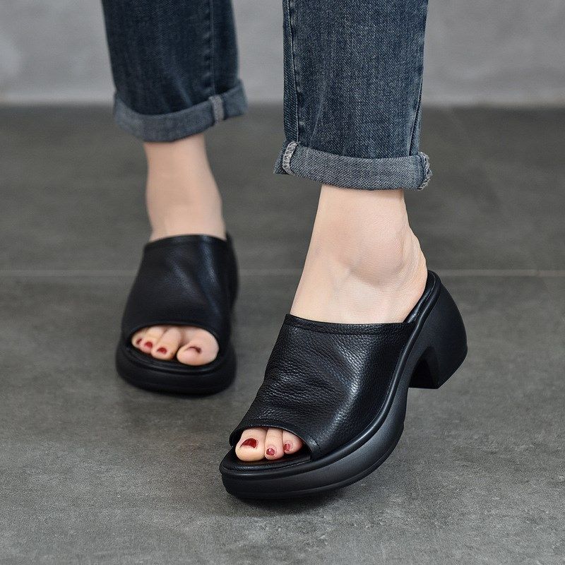 艺鞜202d5夏新款鱼嘴拖鞋外穿粗跟真皮一字拖头层牛皮百搭凉拖鞋