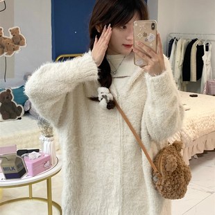 奶油慵懒风毛衣i开衫外套女秋冬毛茸茸宽松拉链连帽百搭针织衫上