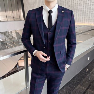 格子男士休闲西服套装青年韩版结婚F西装三件套修身W伴郎服商务正