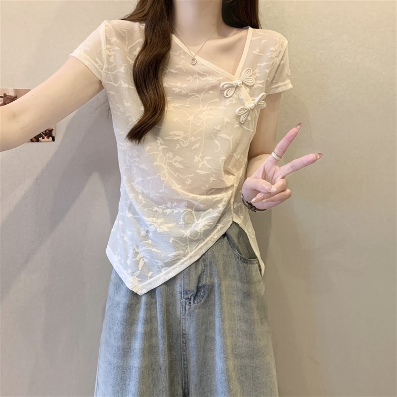 卡腰小衫b短款洋气大码V领正肩短袖T恤女夏胖mmT不规则白色雪纺上