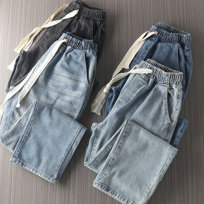 复古水洗抽绳松紧腰n牛仔裤男士春秋宽松直筒潮流阔腿休闲长裤子