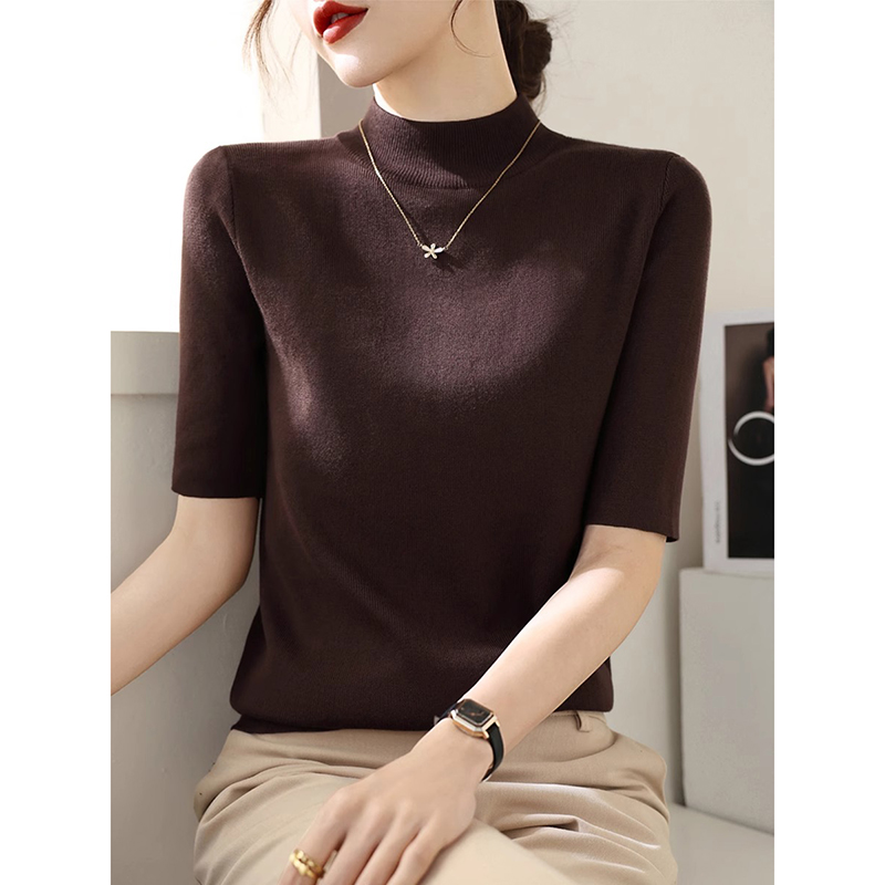 秋冬季新款高级感半高领羊毛修z身显瘦五分袖针织打底衫女内搭上