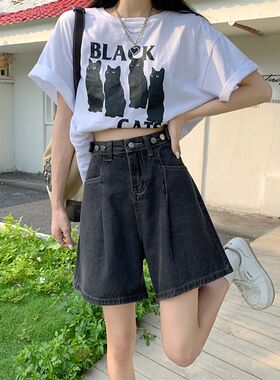 特大码女装300斤黑灰色s高腰牛仔短裤宽松显瘦胖mm梨型身材五分裤