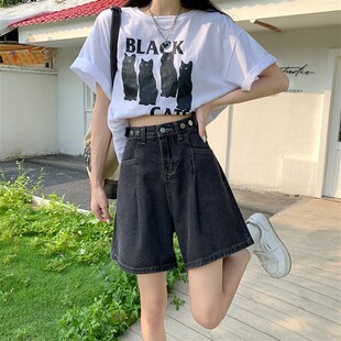 特大码女装300斤黑灰色s高腰牛仔短裤宽松显瘦胖mm梨型身材五分裤
