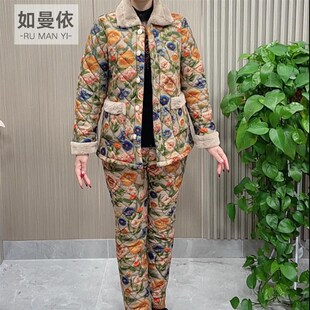 加绒加厚花色翻领小棉衣20u24冬季新款大码中老年妈妈装棉服外套