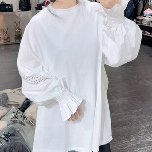 秋冬新款女装时尚洋气个性女上衣镂空喇叭袖长R袖T恤中长款打底衫