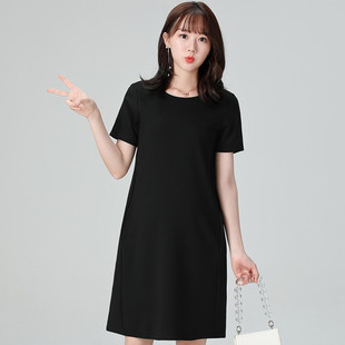 孕妇夏装连衣裙新款职业工作服韩版圆领中长款大码黑色短袖孕妇裙