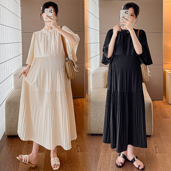 孕妇装夏装时尚洋气短袖百褶连衣裙宽松大码怀孕裙W子夏季休闲裙