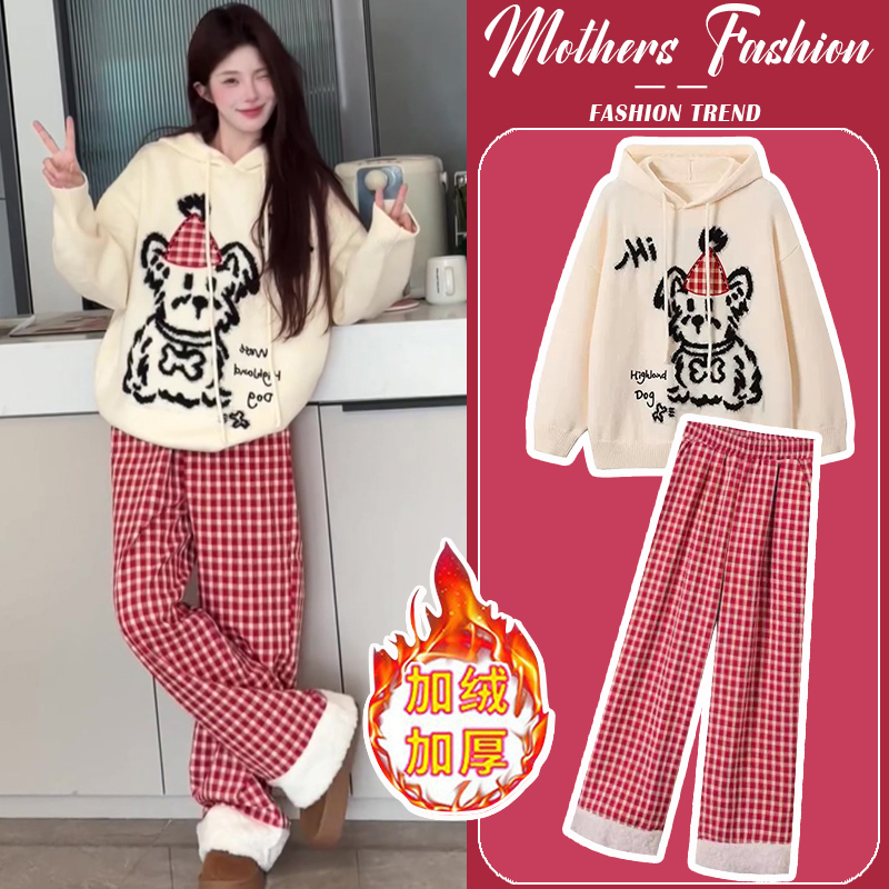 孕妇套装秋冬时尚2024新款加绒加厚连帽卫衣裤子时髦宽松两件套女