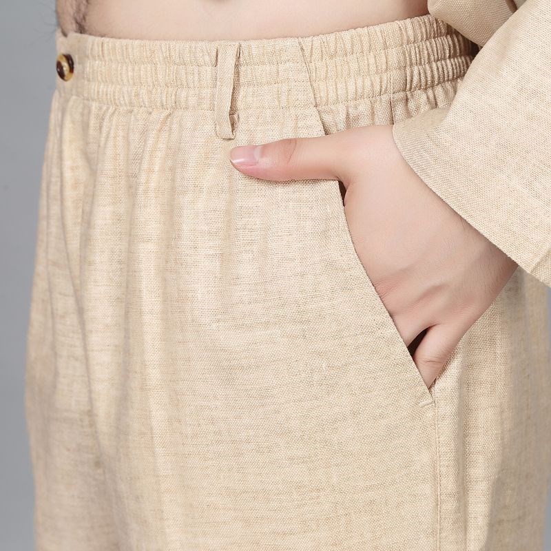 中国风麻布唐装男长袖中老t年人爸爸款春秋季大码套装老人爷爷汉