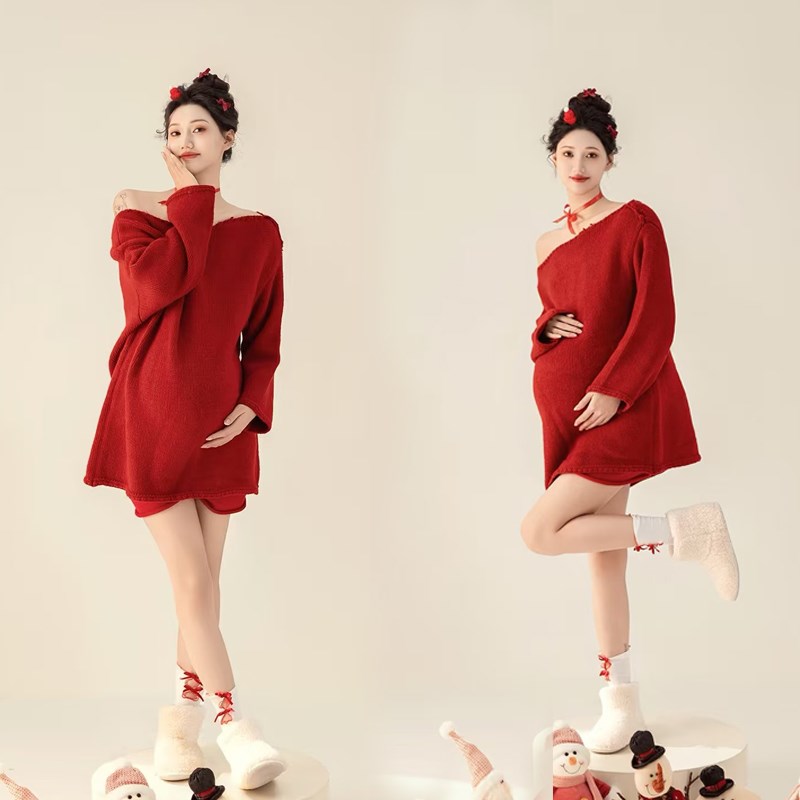 本命年大红色大肚妈咪照连衣裙孕妇照服装影楼专用艺术照摄影服饰