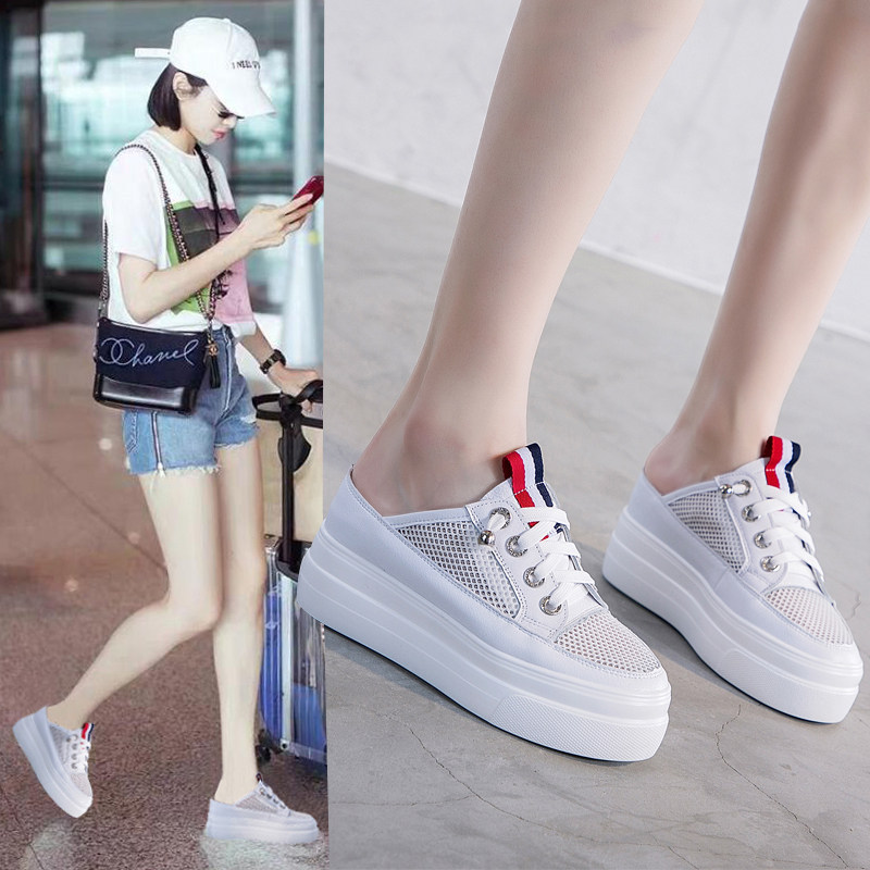 网纱内增高包头半拖鞋女夏新款白色凉鞋小码透R气松糕厚底外穿凉