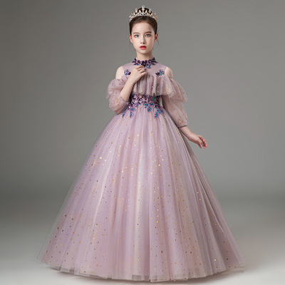 儿童礼服长袖女童生日花童公主裙走秀小女孩主持人钢琴演出服秋冬