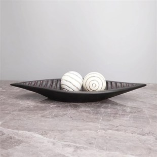 简约黑色竹节果盘摆件客厅茶几肌理球装 饰品样板间摆设托盘工艺品