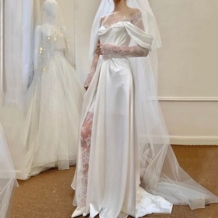 法式缎面轻婚纱2024新款新娘高级质感一字肩小个子轻礼服拖尾旅拍