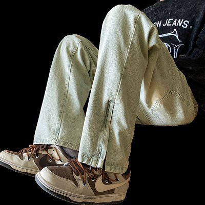 复古黄泥染牛仔裤男美式vibe新因素开叉拉链直筒裤子男款水洗做旧