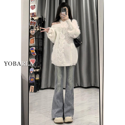 复古浅色微喇牛仔裤女春秋大码胖mm高腰弹力显瘦梨形身材阔腿裤子