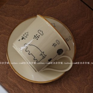 中古釉中彩猫咪陶瓷咖啡杯碟拿铁杯家用拉花杯下午茶复古杯子礼物