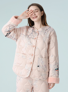 IIZZINI 2021睡衣女冬长袖夹棉加厚加绒国风画眉鸟奢华家居服套装