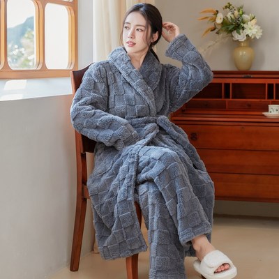 睡袍女秋冬季加长款舒棉绒加绒加厚两件套睡衣男珊瑚绒浴袍带裤子
