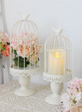 白色烛台装饰鸟笼铁件烛台复古套二简约家居饰品装饰摆件多肉花盆