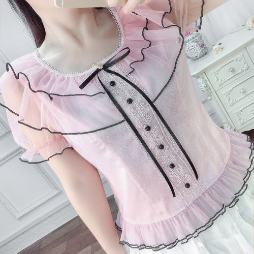 Annabess2021夏季新款蝴蝶结优雅上衣女圆领荷叶边公主短袖蕾丝衫