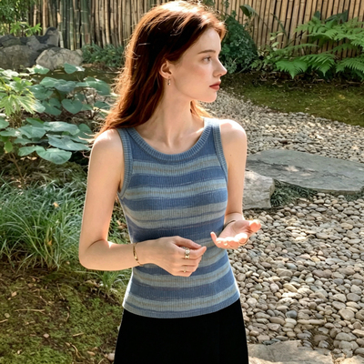 AndM高端Studio  法式气质撞色条纹针织背心辣妹感修身上衣4020