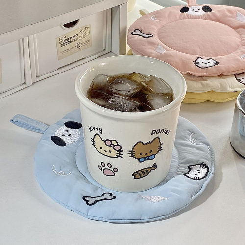 奶油风可爱韩国格子杯垫咖啡店