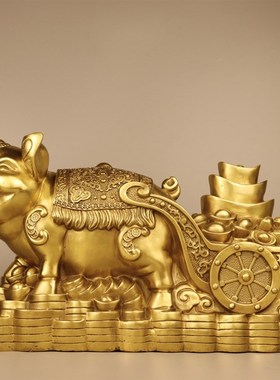 金猪摆件铜元宝猪生肖猪家居前台桌面装饰品大号猪拉元宝金钱福猪