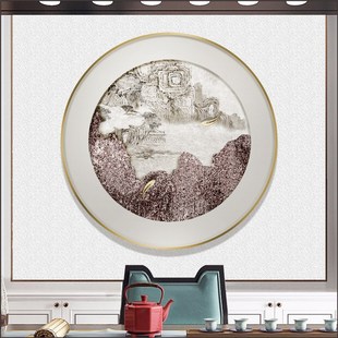 现代中式客厅玄关餐厅实物立体浮雕圆形装饰画样板间轻奢金箔挂画