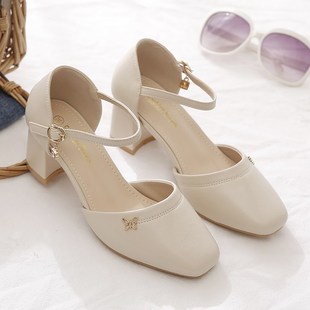 高跟凉鞋女新款包头单鞋女一字扣中跟方头百搭粗跟软皮舒适配裙子