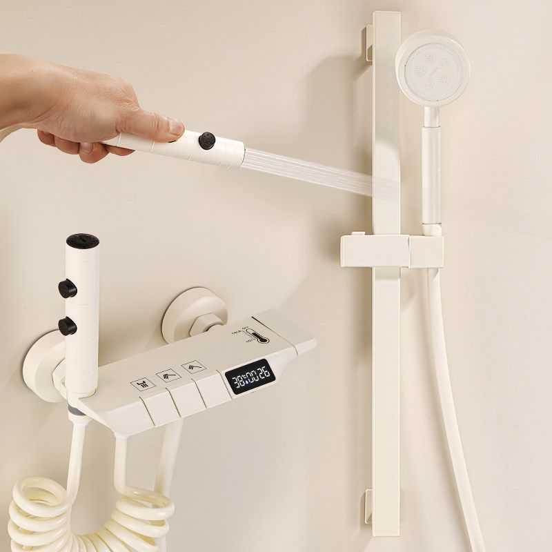 奶油白淋浴增压数显花洒免打孔 浴室淋雨升降淋浴器 全铜冷热龙头