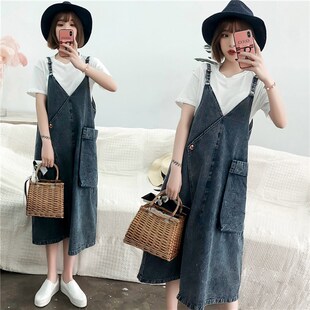 孕妇夏装连衣裙孕妇装夏套装外出时尚款夏季牛仔背V带裙上衣两件