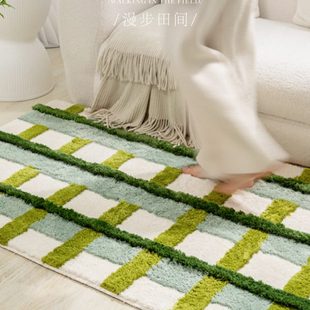 现代简约格子风植绒地毯家用书房防滑地毯客厅地毯全铺卧室地毯