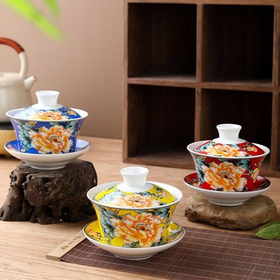 八宝茶盖碗陶瓷三炮台茶盖碗民族盖碗宁夏兰州银川家用餐厅大茶碗