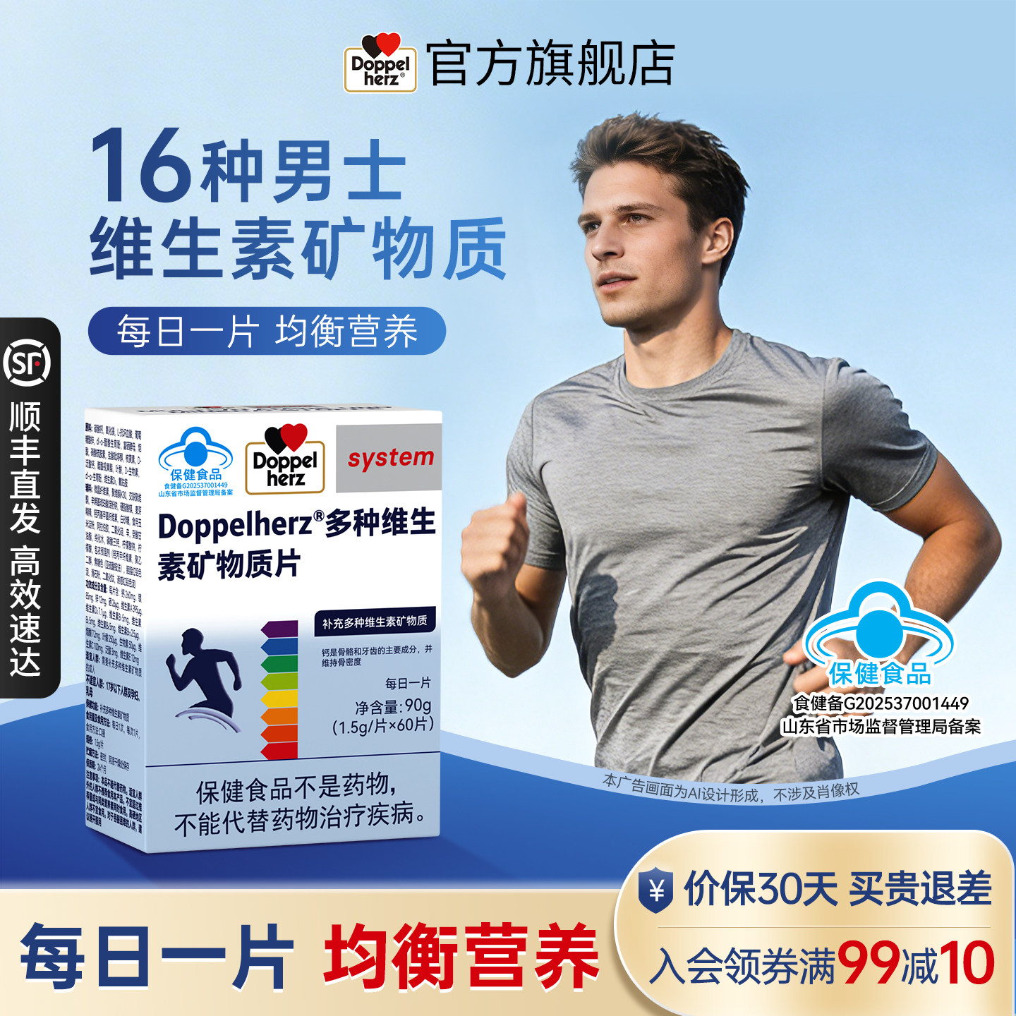 双心男性多种维生素复合片B族维生素C叶酸口服蓝帽子认证官方正品