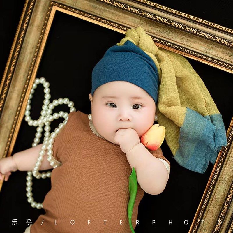 儿童摄影服装cos戴珍珠耳环的少女套装满月百天周岁照宝宝拍照衣