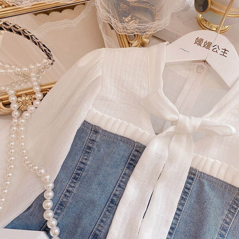 2024春夏女童假两件连衣裙女宝拼接牛仔裙泡泡长袖蝴蝶结Aa字裙潮