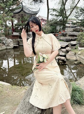 31368新中式国风素雅荷叶袖改良长款旗袍少女绿色优雅大码连衣裙