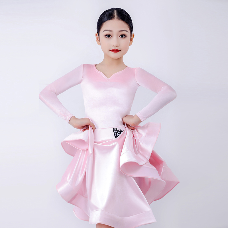拉丁舞服女童长袖裙子秋款加绒锻绒加厚儿童秋季高级比赛标准赛服