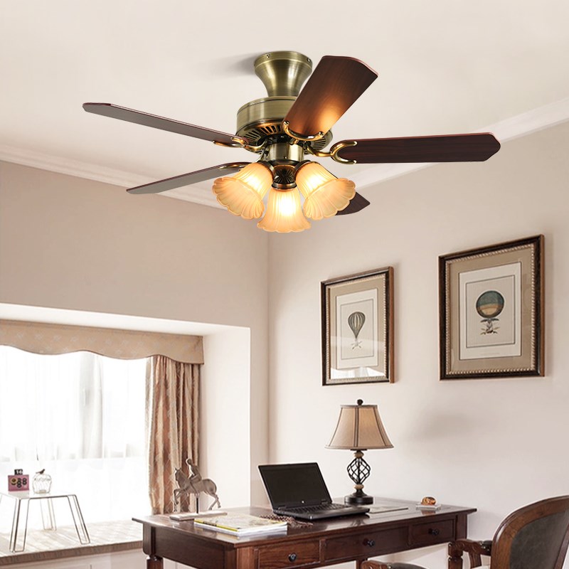 曙阳餐厅复古木叶卧室电风扇灯变频美式客厅中古风扇灯吸顶吊扇灯